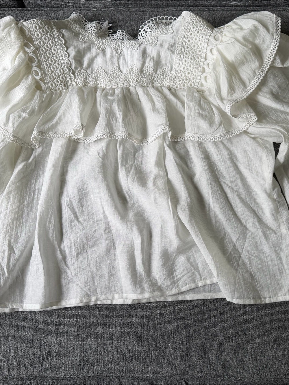 Cream Crochet Yoke Ruffle Blouse